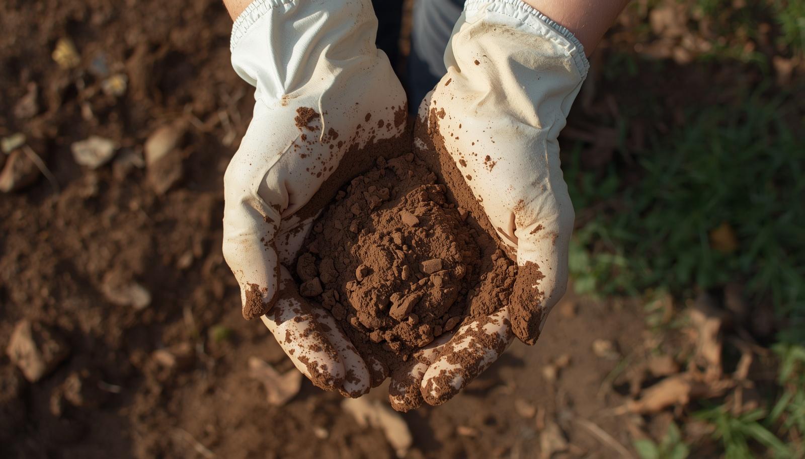 руки в перчатках держат глину на улице