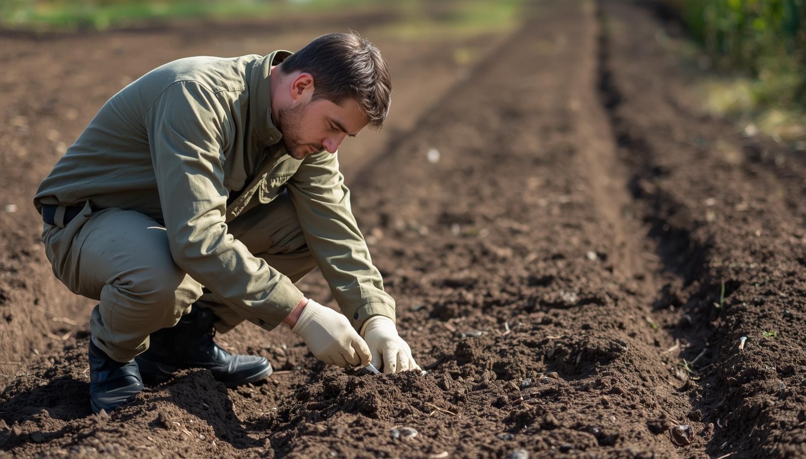 человек за отбором проб почвы чистая земля на фоне
